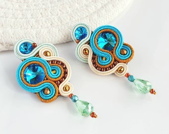 Turquoise dangle earrings, Embroidered earrings, Soutache earrings, Long statement earrings, Aquamarine earrings, Blue crystal earrings