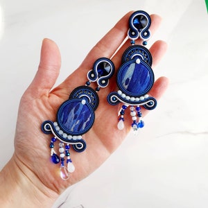 Long dangle earrings women, Soutache blue earrings, Oversized earrings rhinestone, Blue white button earrings, Maximalist beaded earrings image 7