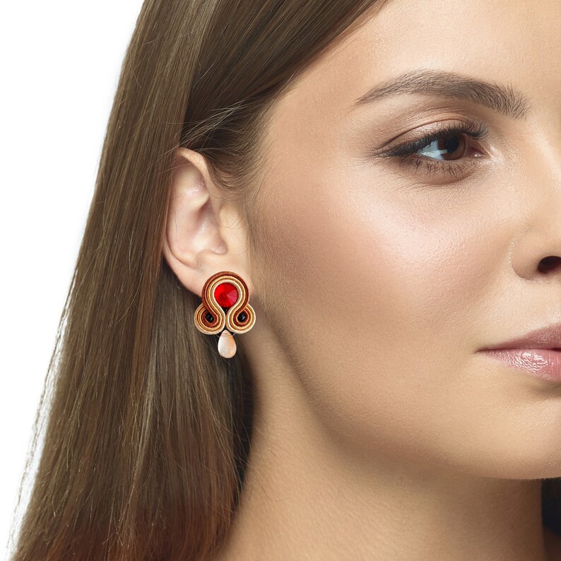 Tiny stud earrings, Small Soutache earrings, Fall earrings, Colorful stud earrings, Red crystal earrings, Lightweight drop earrings image 4