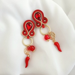 Italian horn earrings, Red gold Soutache earrings, Coin dangle earrings, Good luck earrings, Red crystal earrings,  Ceramic pearl earrings