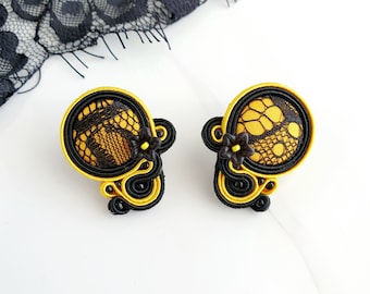 Black yellow Soutache earrings, Black lace earrings, Pastel goth earrings, Big stud earrings, Fabric button earrings, Gothic stud earrings