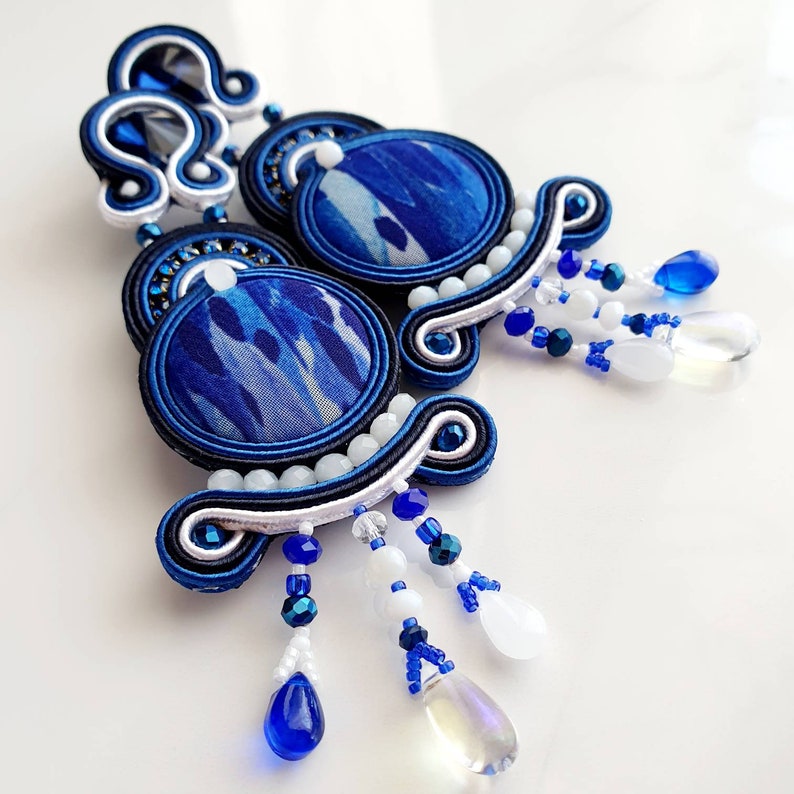 Long dangle earrings women, Soutache blue earrings, Oversized earrings rhinestone, Blue white button earrings, Maximalist beaded earrings image 4