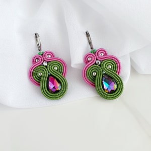 Pink green Soutache earrings, Dangle drop earrings, Colorful crystal earrings, Teardrop beaded earrings, Iridescent earrings rhinestone image 2