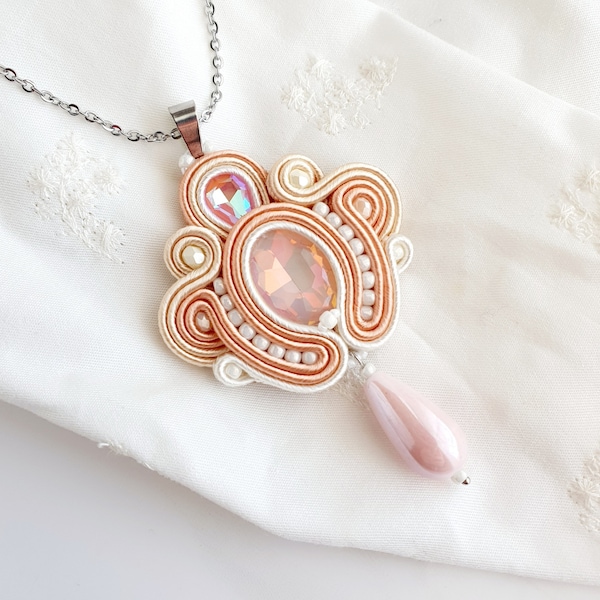 Light peach necklace, Iridescent orange crystal necklace, Salmon Soutache necklace, Pastel orange necklace, Italian style jewelry