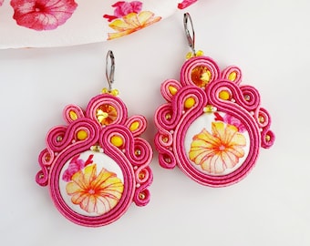 Floral button earrings, Fabric earrings dangle, Hot pink soutache earrings, Fuchsia lightweight earrings, Yellow pink spring earrings