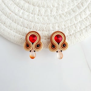 Tiny stud earrings, Small Soutache earrings, Fall earrings, Colorful stud earrings, Red crystal earrings, Lightweight drop earrings image 2