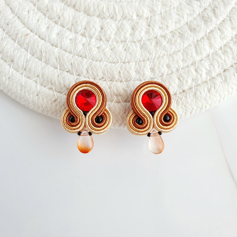 Tiny stud earrings, Small Soutache earrings, Fall earrings, Colorful stud earrings, Red crystal earrings, Lightweight drop earrings image 2