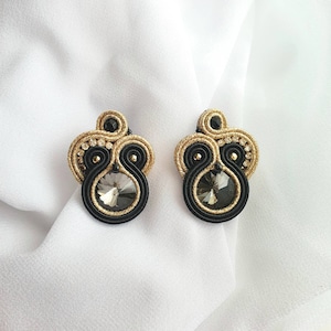 Black gold Soutache earrings, Black crystal earrings, Sparkly stud earrings, Champagne rhinestone earrings