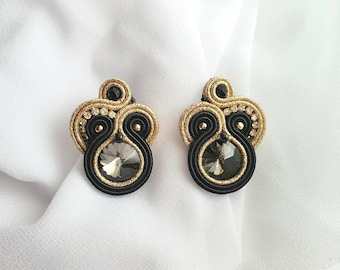 Black gold Soutache earrings, Black crystal earrings, Sparkly stud earrings, Champagne rhinestone earrings