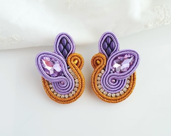 Burnt orange lilac earrings, Colorful Soutache earrings, Lavender crystal earrings, Lilac rhinestone earrings, Purple copper earrings