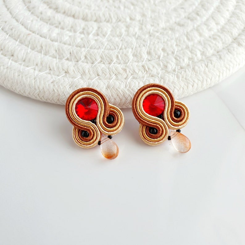 Tiny stud earrings, Small Soutache earrings, Fall earrings, Colorful stud earrings, Red crystal earrings, Lightweight drop earrings image 1