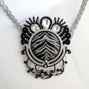 Soutache Zebra Necklace: Black Silver Statement Jewelry