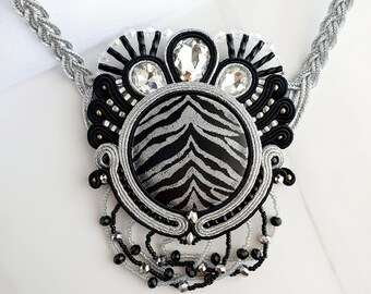 Black silver Soutache necklace, Zebra necklace, African necklace statement, Safari necklace, Polymer clay necklace, Oversized necklace