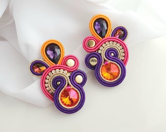 Boho statement colorful earrings, Orange crystal earrings, Multicolor Soutache earrings, Luxury earrings handmade