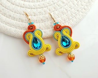 Colorful Soutache earrings, Turquoise crystal earrings, Summer dangle earrings, Yellow orange blue earrings, Drop mediterranean earrings