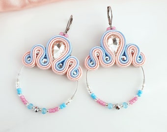 Pink hoop earrings, Pastel beaded earrings, Delicate circle earrings, Large boho hoops, Pink blue beaded hoop earrings, Spring earrings