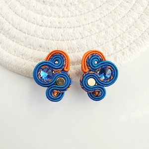 Blue orange Soutache earrings, Colorful embroidered earrings, Bright color earrings, Sparkling earrings, Blue crystal earrings