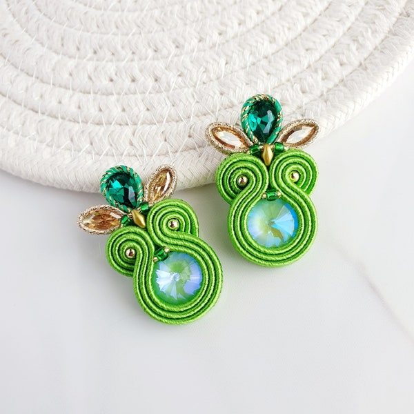 Lime green Soutache earrings, Chartreuse earrings, Iridescent green crystal earrings, Citrus green earrings, Green gold earrings