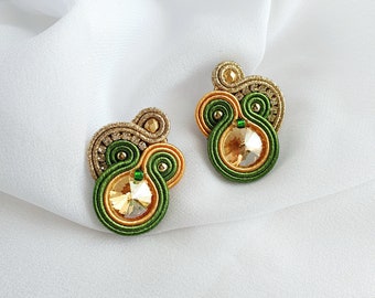 Green gold Soutache earrings, Champagne crystal earrings, Rhinestone stud earrings, Everyday earrings, Small statement earrings, Mom gift