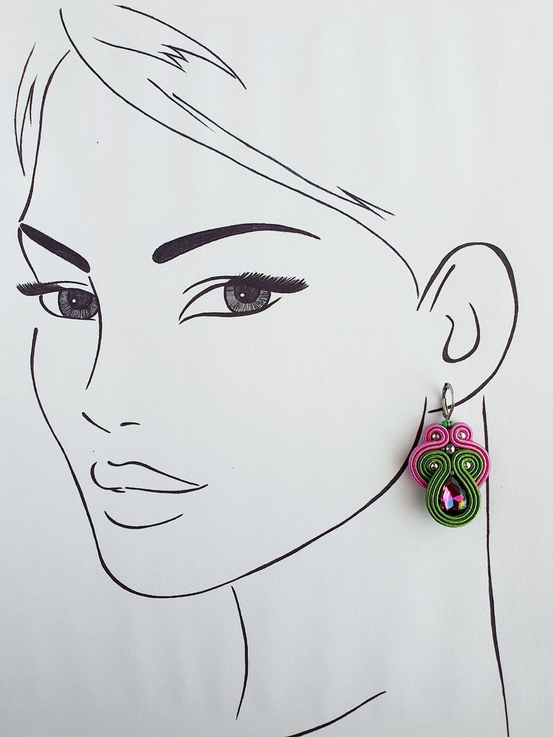 Pink green Soutache earrings, Dangle drop earrings, Colorful crystal earrings, Teardrop beaded earrings, Iridescent earrings rhinestone image 6