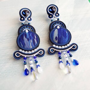 Long dangle earrings women, Soutache blue earrings, Oversized earrings rhinestone, Blue white button earrings, Maximalist beaded earrings image 5