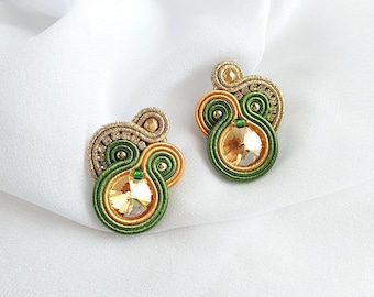 Green Gold Soutache Earrings: Champagne Crystal Statement Studs