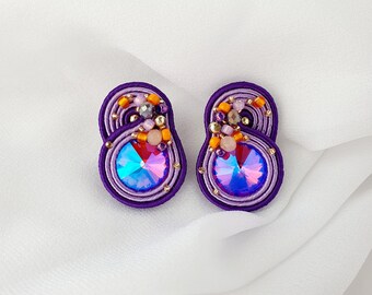 Purple crystal earrings, Soutache purple earrings, Lilac orange bead earrings, Iridescent earrings, Sparkly stud earrings, Christmas present