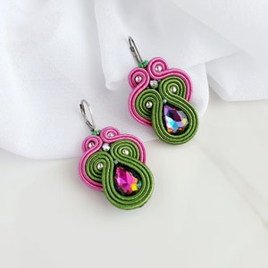 Pink green Soutache earrings, Dangle drop earrings, Colorful crystal earrings, Teardrop beaded earrings, Iridescent earrings rhinestone image 3