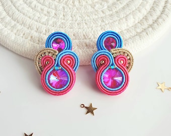 Fuchsia Blue Soutache Earrings: Hot Pink Crystal Embroidered Jewelry