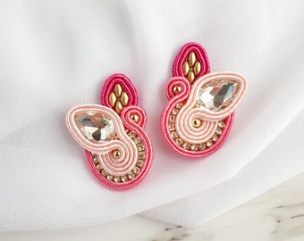 Pink fuchsia soutache earrings, Clear crystal earrings, Pastel pink earrings, Romantic birthday gift for her, Shade of pink earrings