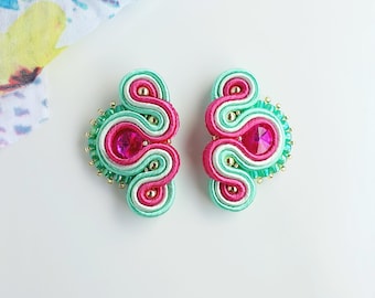 Magenta Crystal Soutache Earrings: Fuchsia Green Beaded Studs