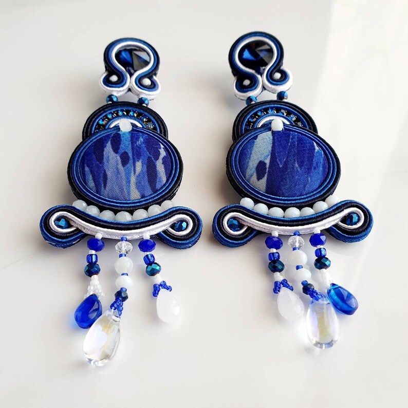 Long dangle earrings women, Soutache blue earrings, Oversized earrings rhinestone, Blue white button earrings, Maximalist beaded earrings image 2