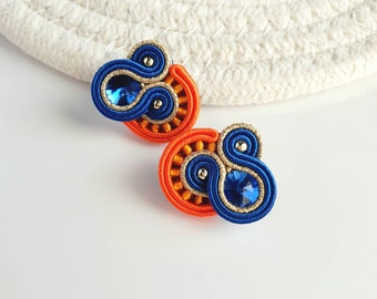 Blue orange earrings, Small Soutache earrings, Blue crystal stud, Blue gold stud earrings, Colorful stud earrings, Beaded summer earrings