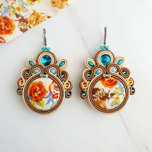 Floral fabric earrings, Button earrings dangles, Brown Soutache earrings, Aquamarine crystal earrings, Autumn earrings, Floral fall earrings