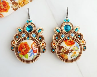 Floral fabric earrings, Button earrings dangles, Brown Soutache earrings, Aquamarine crystal earrings, Autumn earrings, Floral fall earrings