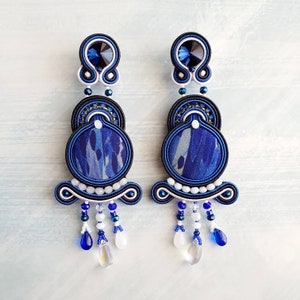 Long dangle earrings women, Soutache blue earrings, Oversized earrings rhinestone, Blue white button earrings, Maximalist beaded earrings image 1