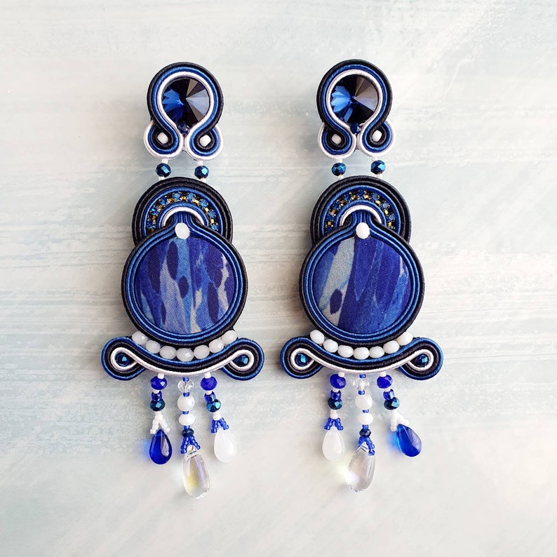 Long dangle earrings women, Soutache blue earrings, Oversized earrings rhinestone, Blue white button earrings, Maximalist beaded earrings image 1