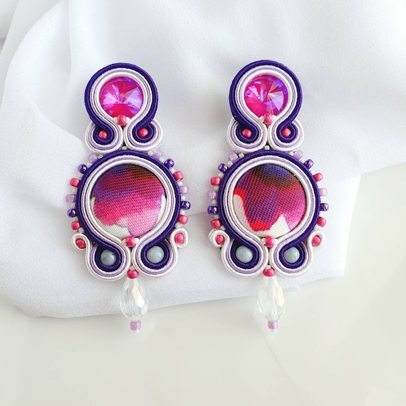 Lilac Soutache Dangle Earrings: Recycled Fabric Button Jewelry