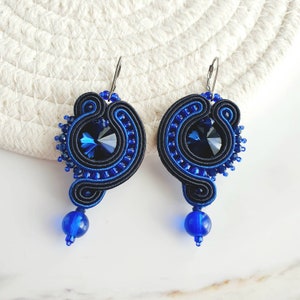 Dark blue dangle earrings, Blue navy crystal bridal earrings, Midnight blue Soutache earrings, Something blue, Beaded blue earrings