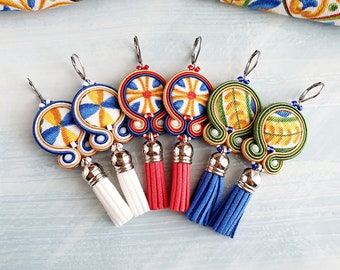 Soutache Tassel Dangle Earrings, Sicilian Majolica Fabric Jewelry