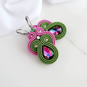 Pink green Soutache earrings, Dangle drop earrings, Colorful crystal earrings, Teardrop beaded earrings, Iridescent earrings rhinestone image 4