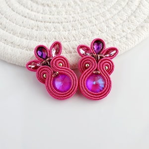 Fuchsia earrings, Magenta Soutache earrings, Iridescent crystal earrings, Hot pink earrings, Handmade earrings beaded, Pageant earrings pink