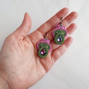 Pink green Soutache earrings, Dangle drop earrings, Colorful crystal earrings, Teardrop beaded earrings, Iridescent earrings rhinestone image 5