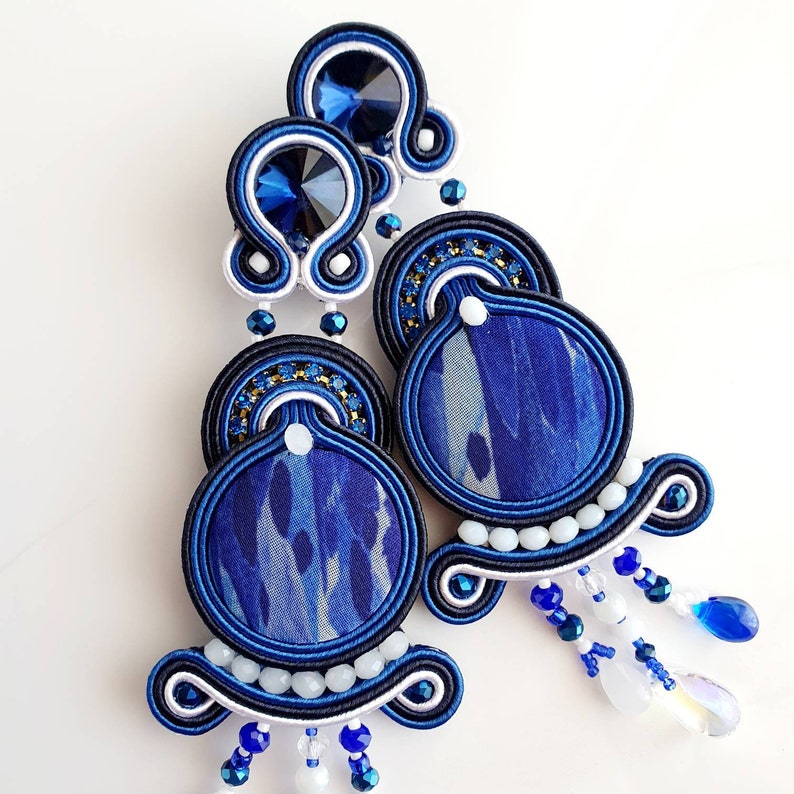 Long dangle earrings women, Soutache blue earrings, Oversized earrings rhinestone, Blue white button earrings, Maximalist beaded earrings image 6