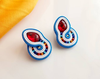 Red crystal stud earrings, Blue white Soutache earrings, Colorful beaded stud earrings