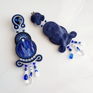 Long dangle earrings women, Soutache blue earrings, Oversized earrings rhinestone, Blue white button earrings, Maximalist beaded earrings image 8