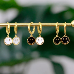 Smiley Charm Huggie Hoop Earrings, 18k Gold Plated Sterling Silver | Smile Earrings, Smiley Huggies, Dainty Huggie Hoops