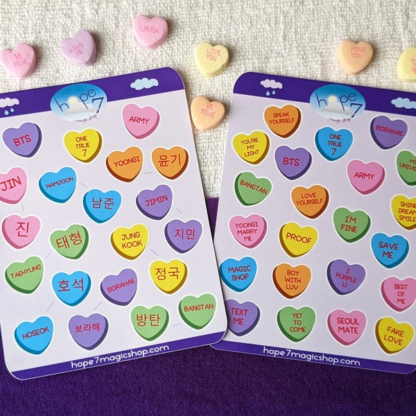 BTS Candy Heart Stickers, BTS Hangul Name Stickers, Bts Song and Lyric Stickers, BTS Sticker Sheets, Valentine's Conversation Heart Stickers