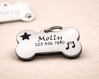 Customizable Bone Pet ID Tag, Engraved Stainless Steel Dog Tag