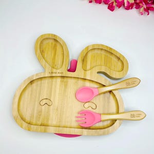 Animal Bamboo Suction Plate | Spoon and Fork | Weaning | Baby Gift | Toddler Gifts | Bamboo Plates | Non-Toxic | Toddler | Baby | Pink |